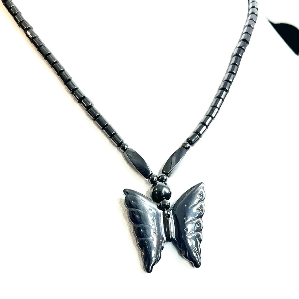 New Hematite Butterfly Pendal beaded necklace 20” long STN 12